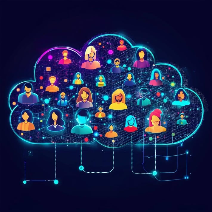 A vivid illustration of a data cloud with audience profiles dynamically updating in real time